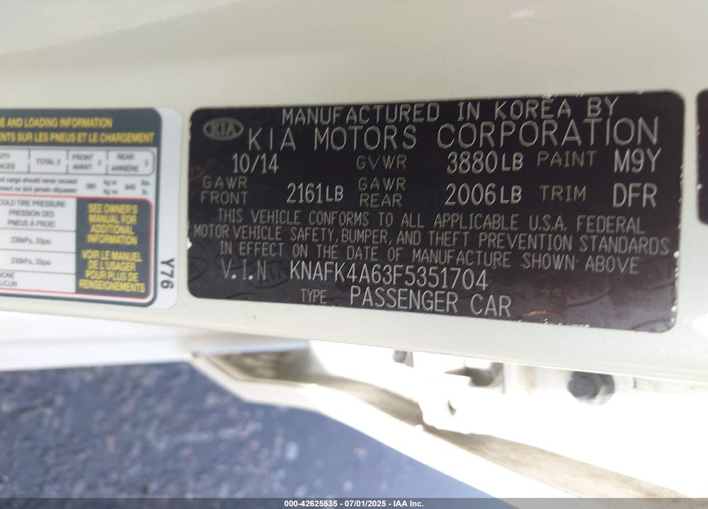 2015 KIA FORTE VIN: KNAFK4A63F5351704