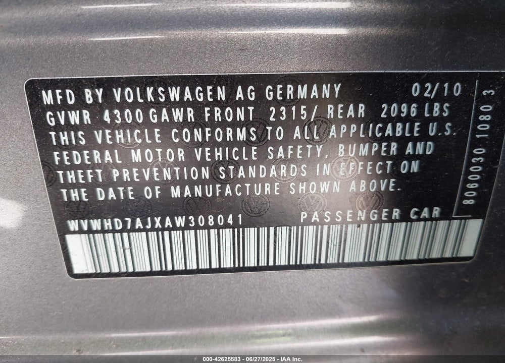2010 VOLKSWAGEN GTI 4-DOOR VIN: WVWHD7AJXAW308041