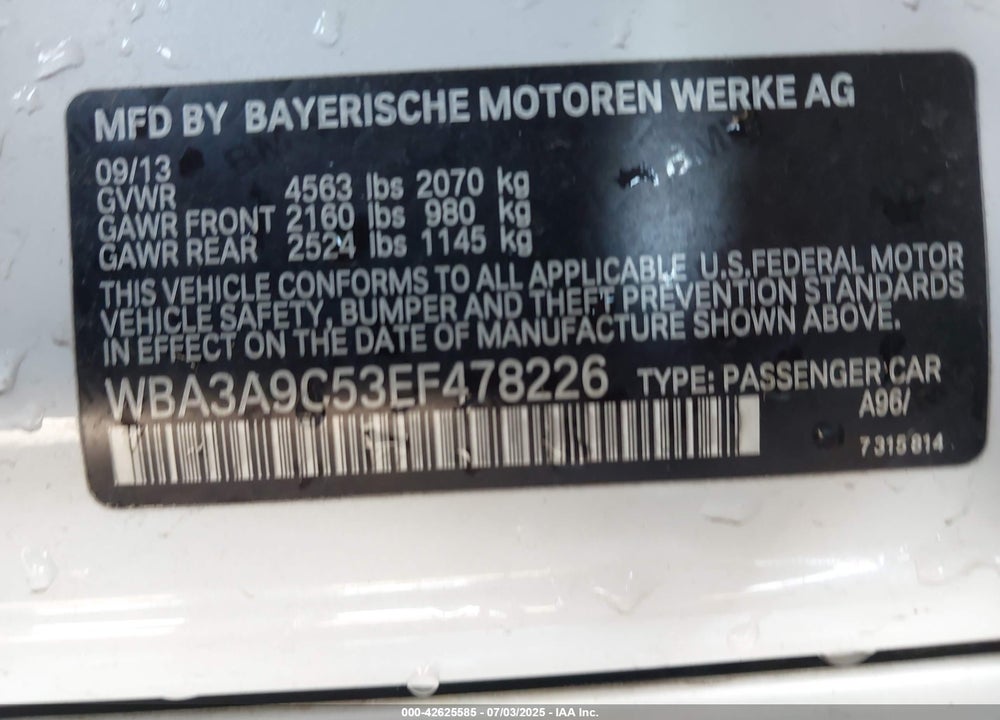 2014 BMW 3 SERIES VIN: WBA3A9C53EF478226