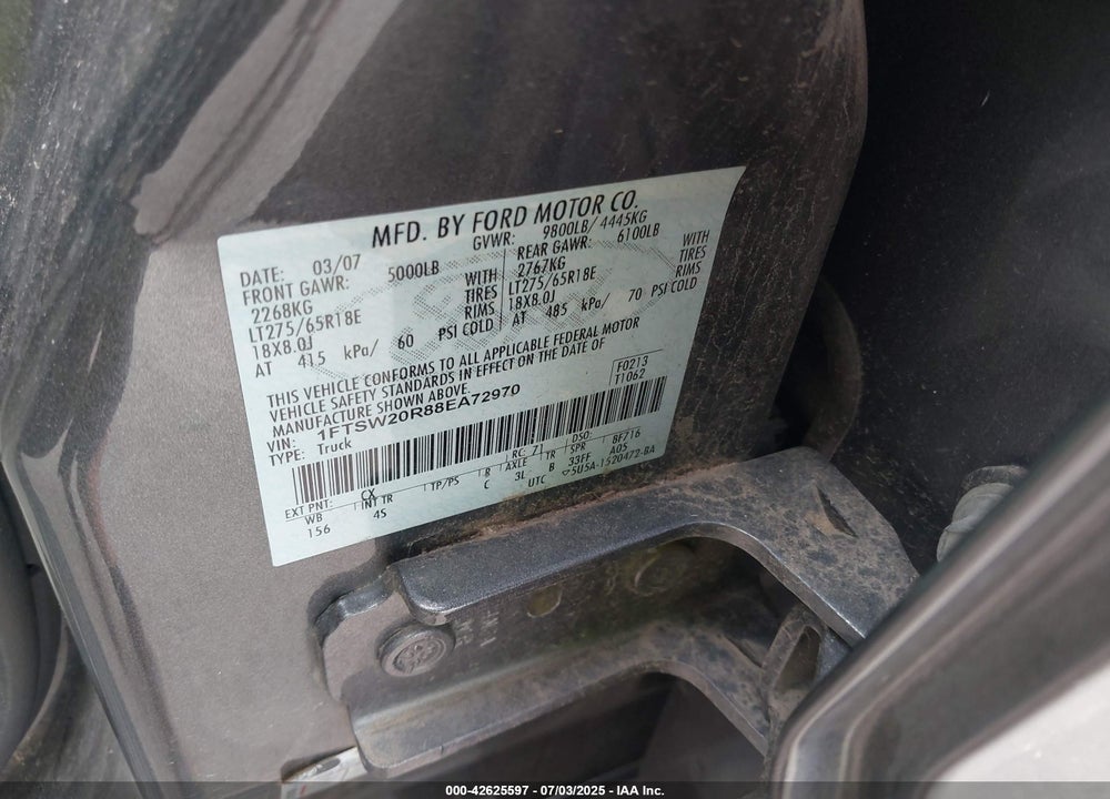 2008 FORD F-250 VIN: 1FTSW20R88EA72970