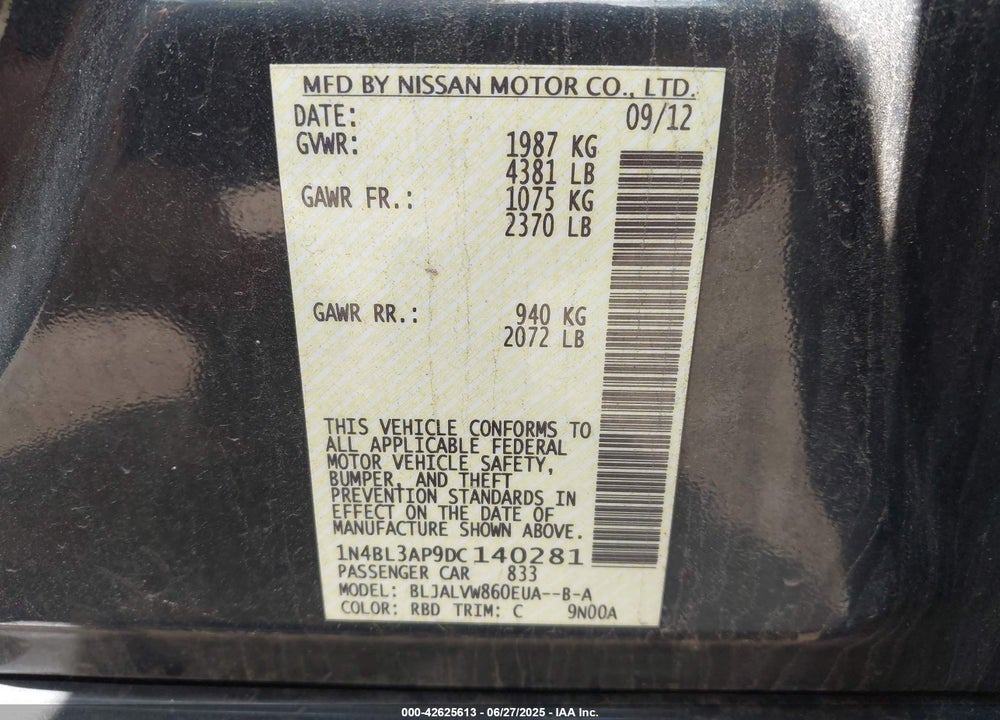 2013 NISSAN ALTIMA VIN: 1N4BL3AP9DC140281