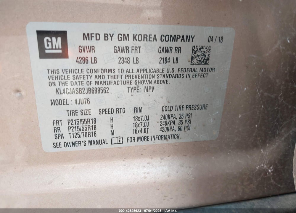 2018 BUICK ENCORE VIN: KL4CJASB2JB698562
