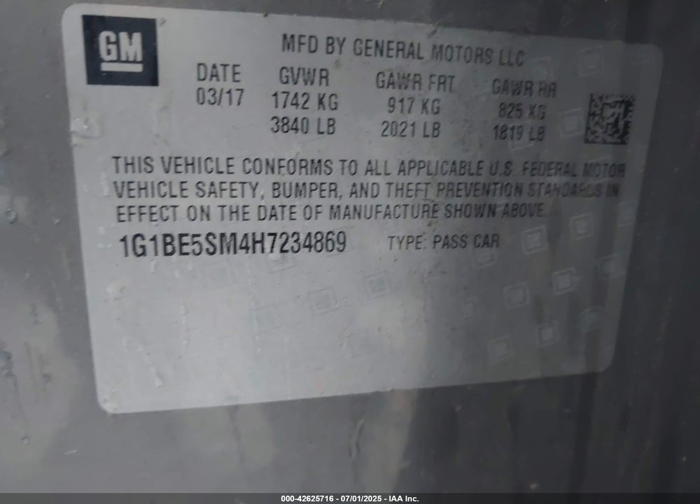 2017 CHEVROLET CRUZE VIN: 1G1BE5SM4H7234869