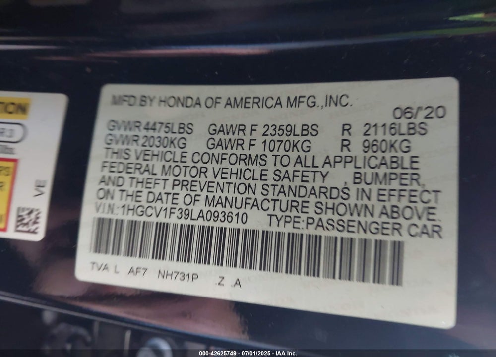 2020 HONDA ACCORD VIN: 1HGCV1F39LA093610