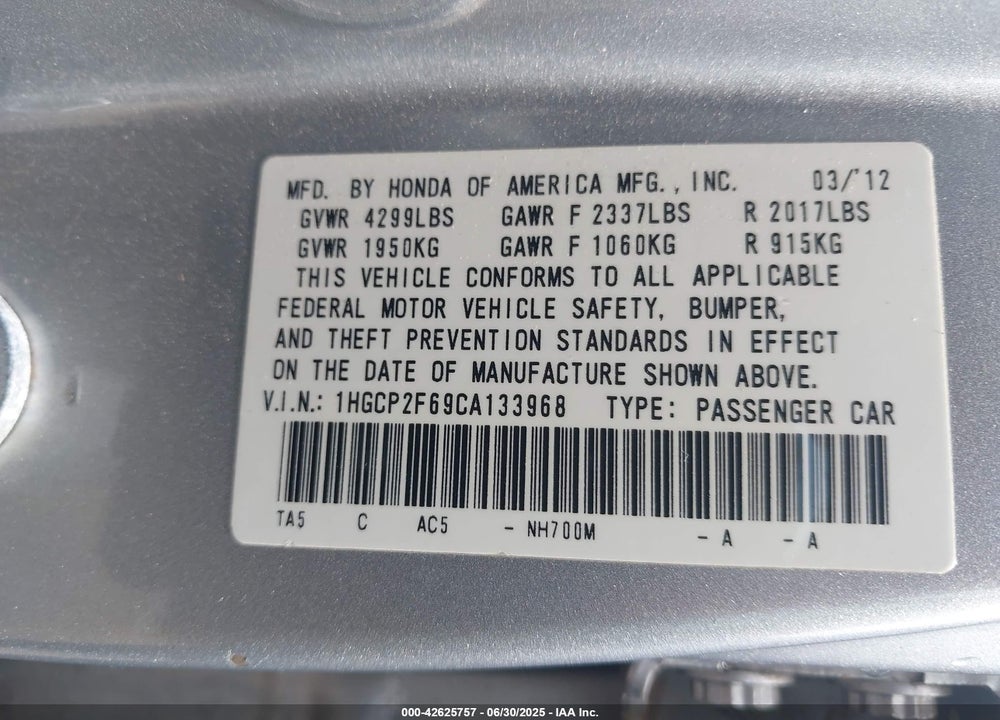 2012 HONDA ACCORD VIN: 1HGCP2F69CA133968