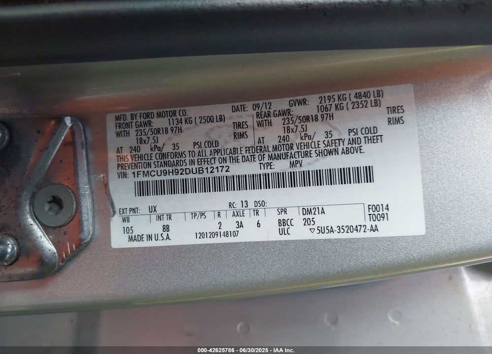 2013 FORD ESCAPE SEL VIN: 1FMCU9H92DUB12172