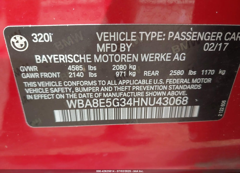 2017 BMW 3 SERIES VIN: WBA8E5G34HNU43068