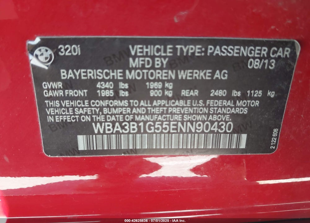 2014 BMW 3 SERIES VIN: WBA3B1G55ENN90430