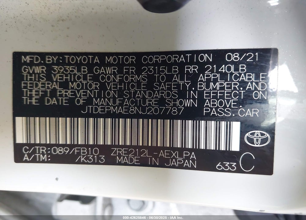 2022 TOYOTA COROLLA VIN: JTDEPMAE8NJ207787