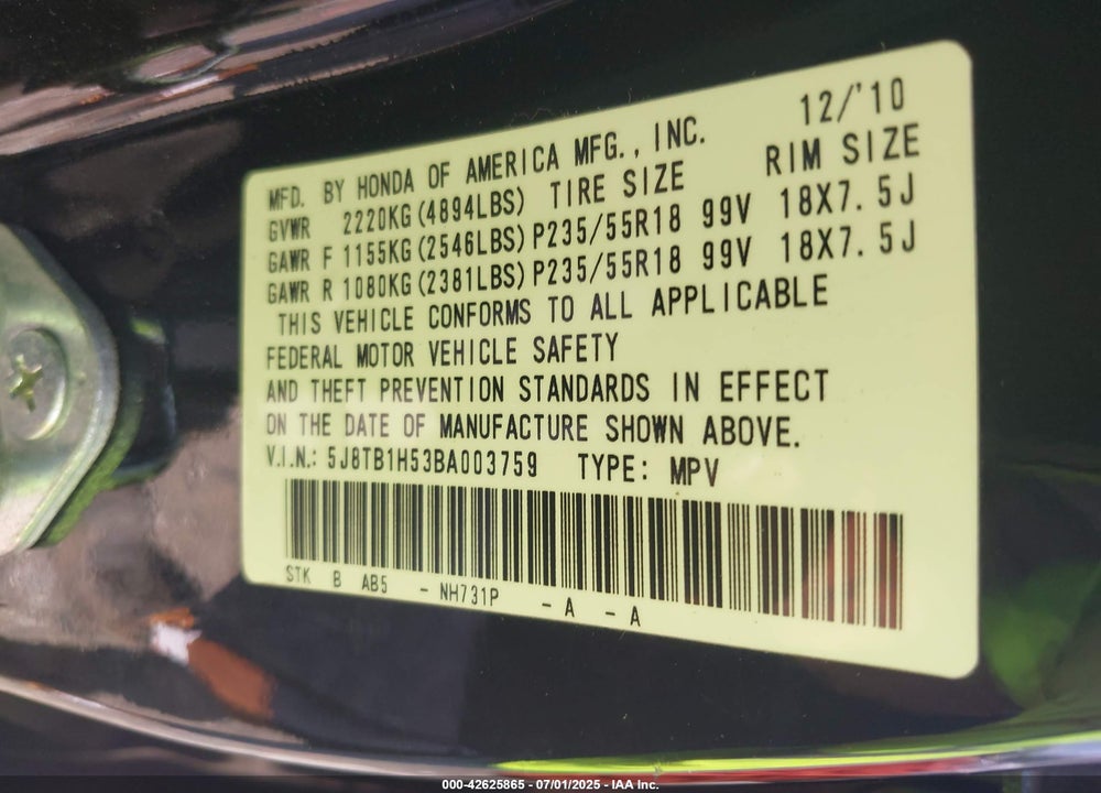 2011 ACURA RDX VIN: 5J8TB1H53BA003759