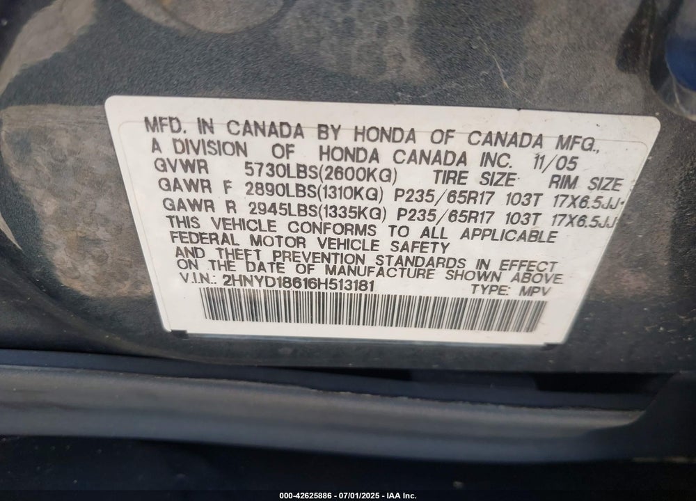 2006 ACURA MDX TOURING VIN: 2HNYD18616H513181
