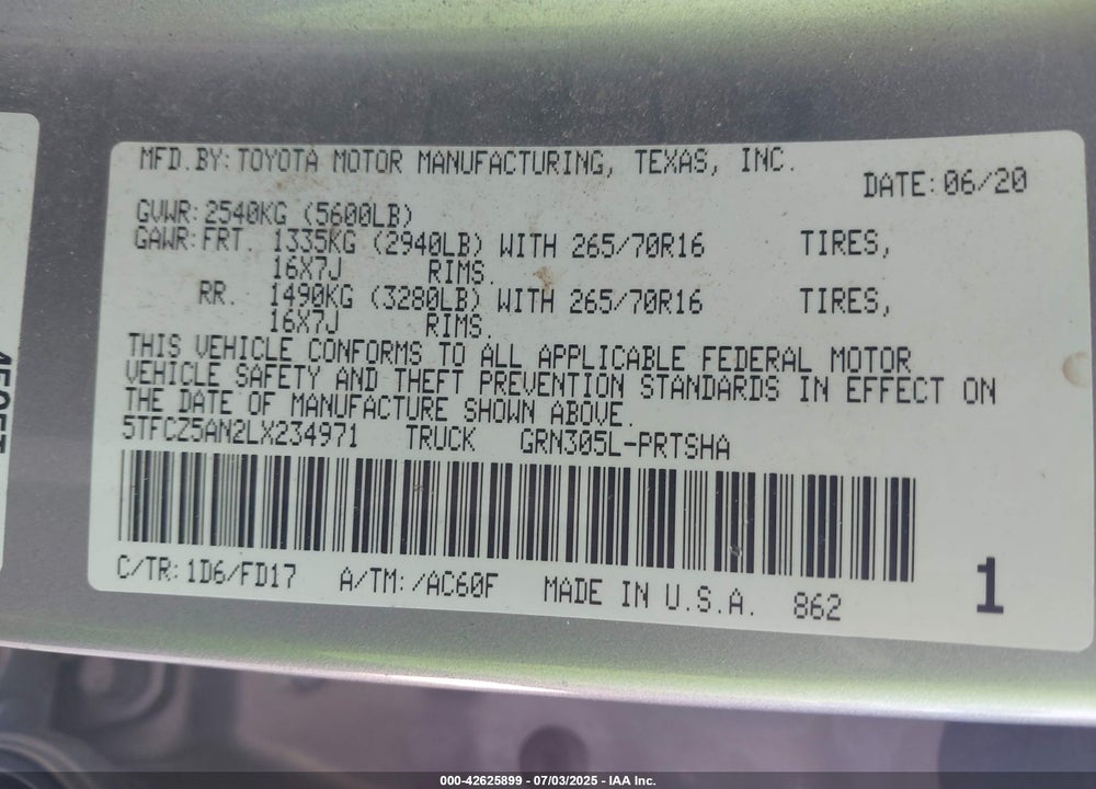 2020 TOYOTA TACOMA VIN: 5TFCZ5AN2LX234971