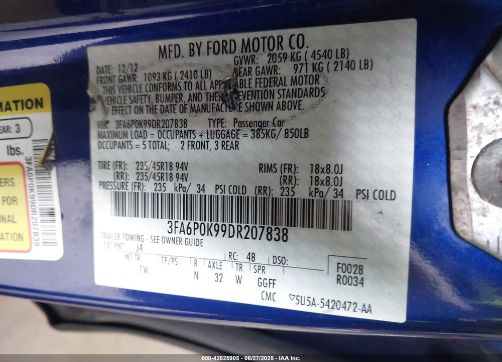 2013 FORD FUSION VIN: 3FA6P0K99DR207838