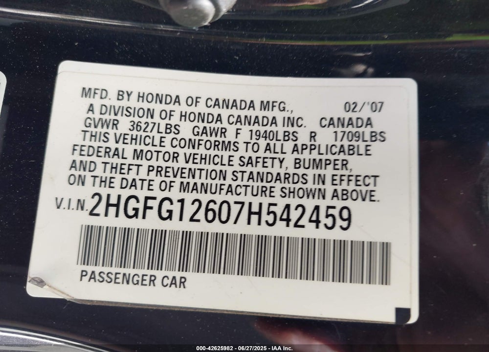 2007 HONDA CIVIC LX VIN: 2HGFG12607H542459