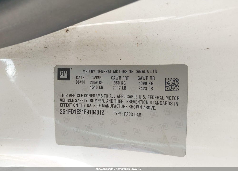 2015 CHEVROLET CAMARO 1LT VIN: 2G1FD1E31F9104012