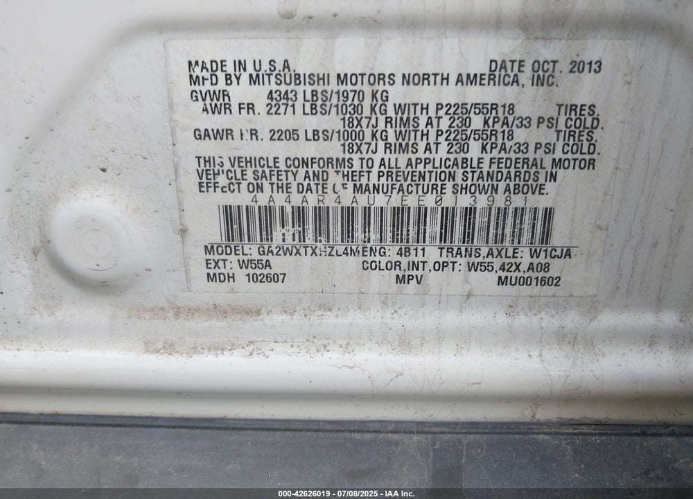 2014 MITSUBISHI OUTLANDER SPORT VIN: 4A4AR4AU7EE013981