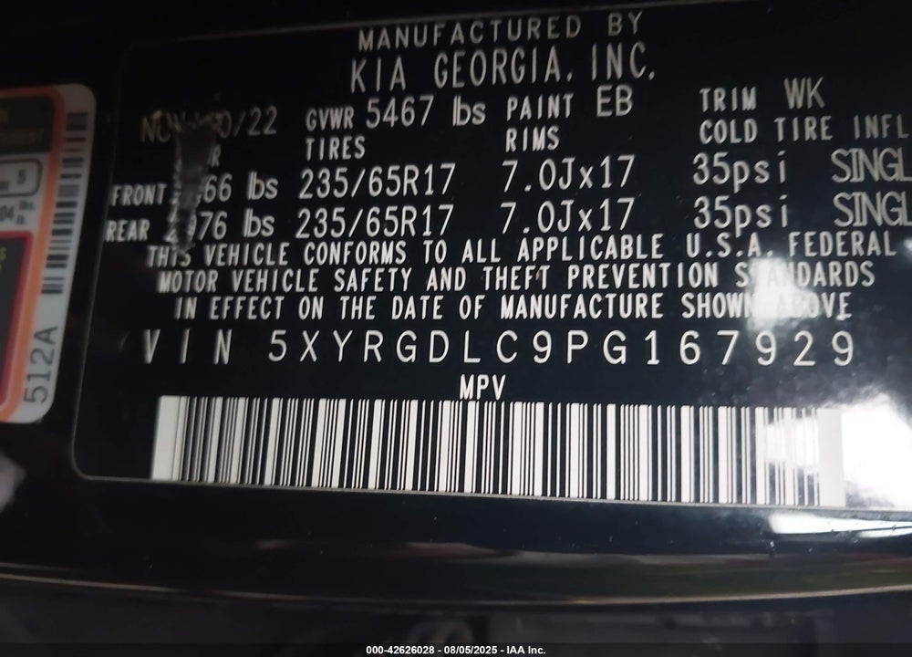 2023 KIA SORENTO VIN: 5XYRGDLC9PG167929
