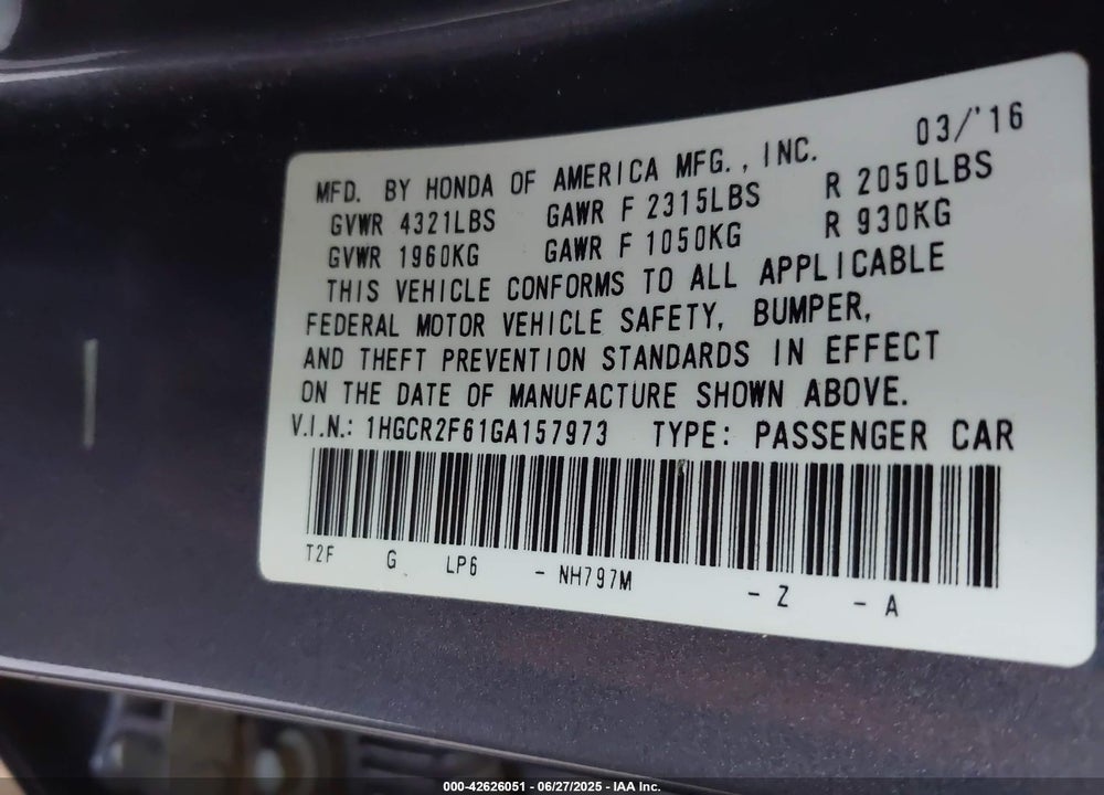 2016 HONDA ACCORD VIN: 1HGCR2F61GA157973