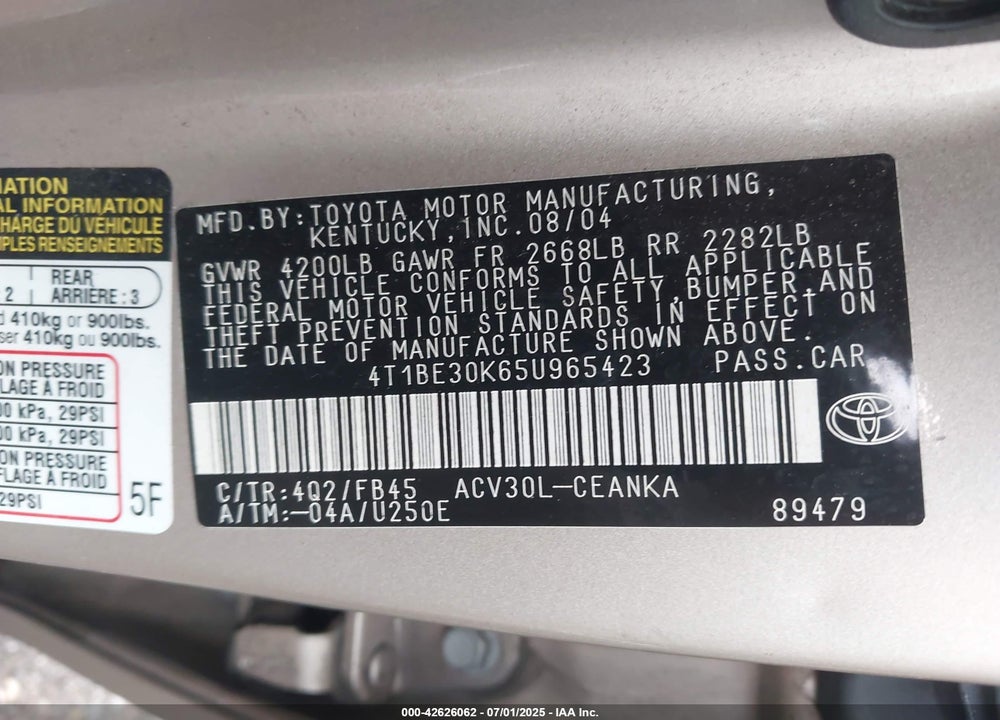 2005 TOYOTA CAMRY LE/XLE/SE VIN: 4T1BE30K65U965423