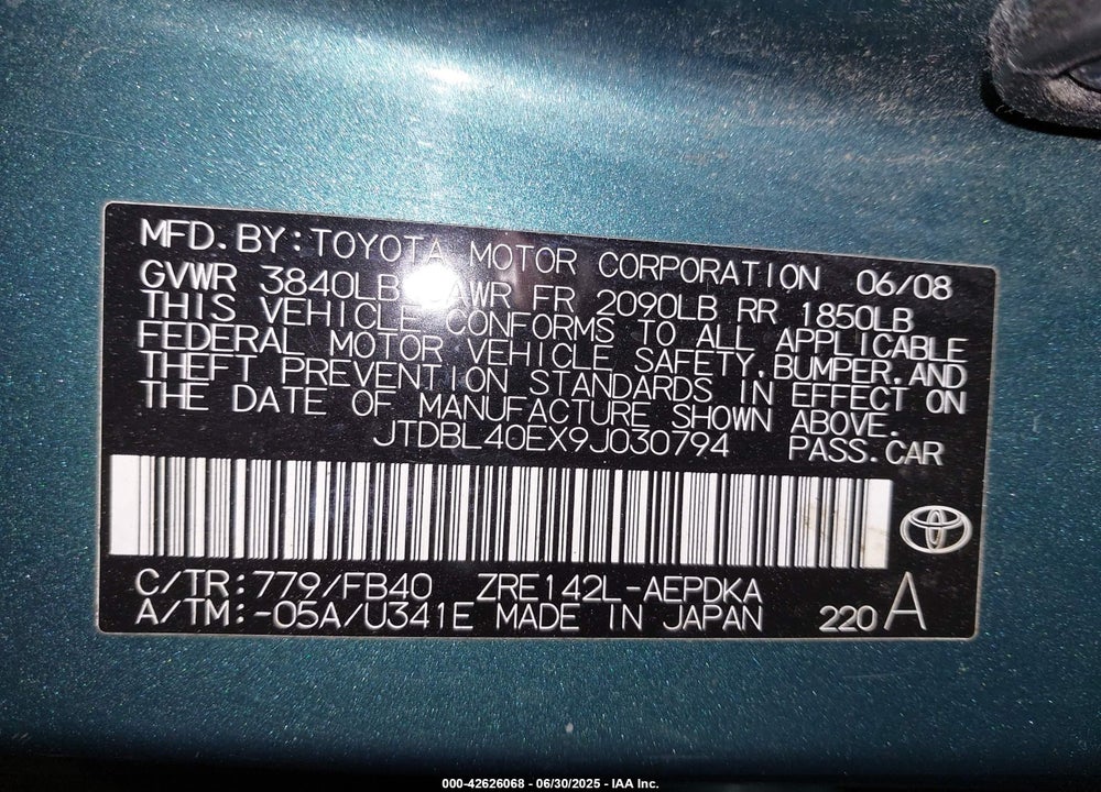 2009 TOYOTA COROLLA VIN: JTDBL40EX9J030794
