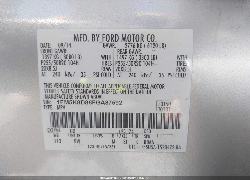 2015 FORD EXPLORER VIN: 1FM5K8D88FGA87592