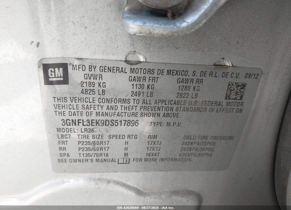 2013 CHEVROLET CAPTIVA SPORT VIN: 3GNFL3EK9DS517896