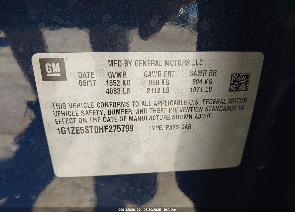 2017 CHEVROLET MALIBU VIN: 1G1ZE5ST0HF275799