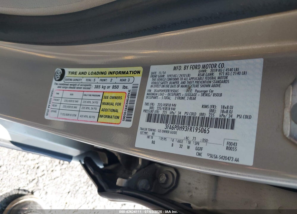 2015 FORD FUSION VIN: 3FA6P0H93FR195065