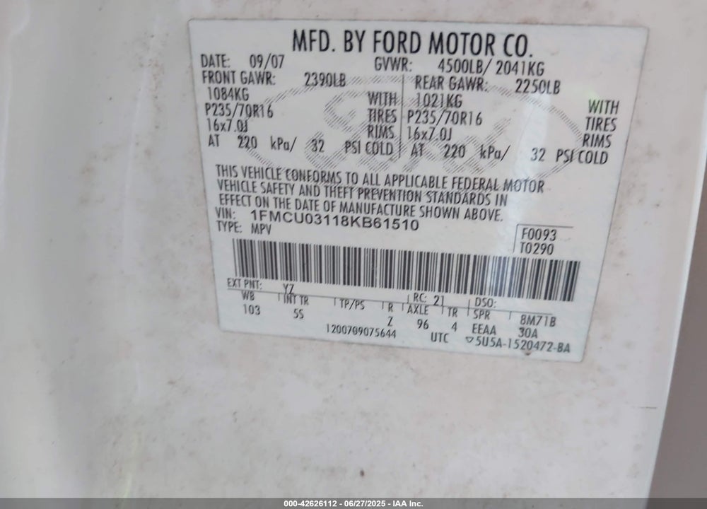 2008 FORD ESCAPE VIN: 1FMCU03118KB61510