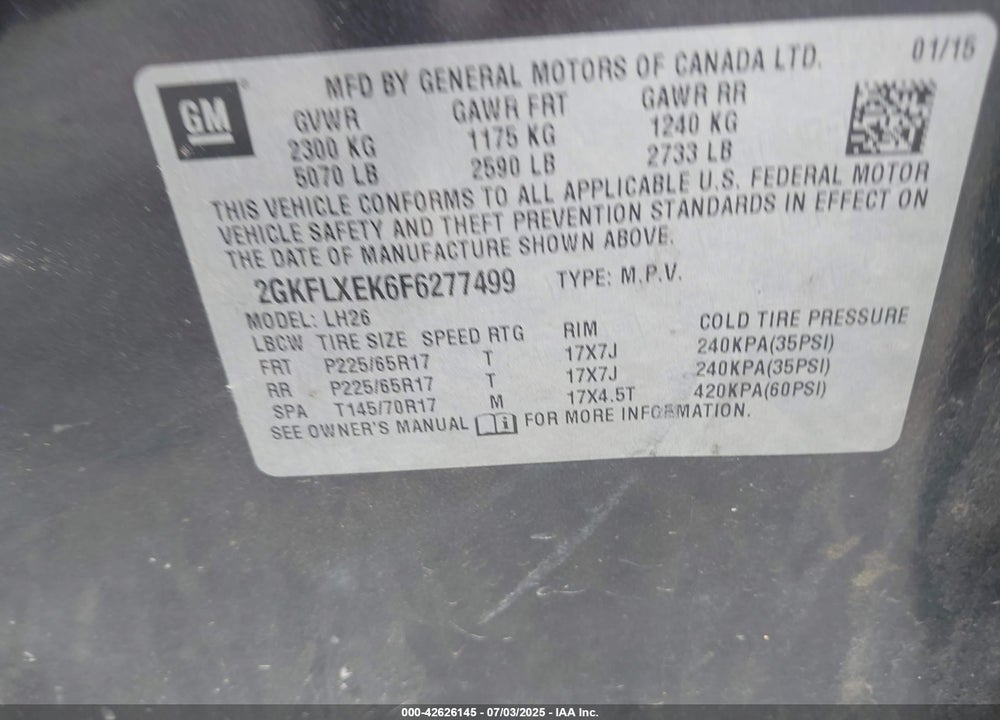 2015 GMC TERRAIN VIN: 2GKFLXEK6F6277499