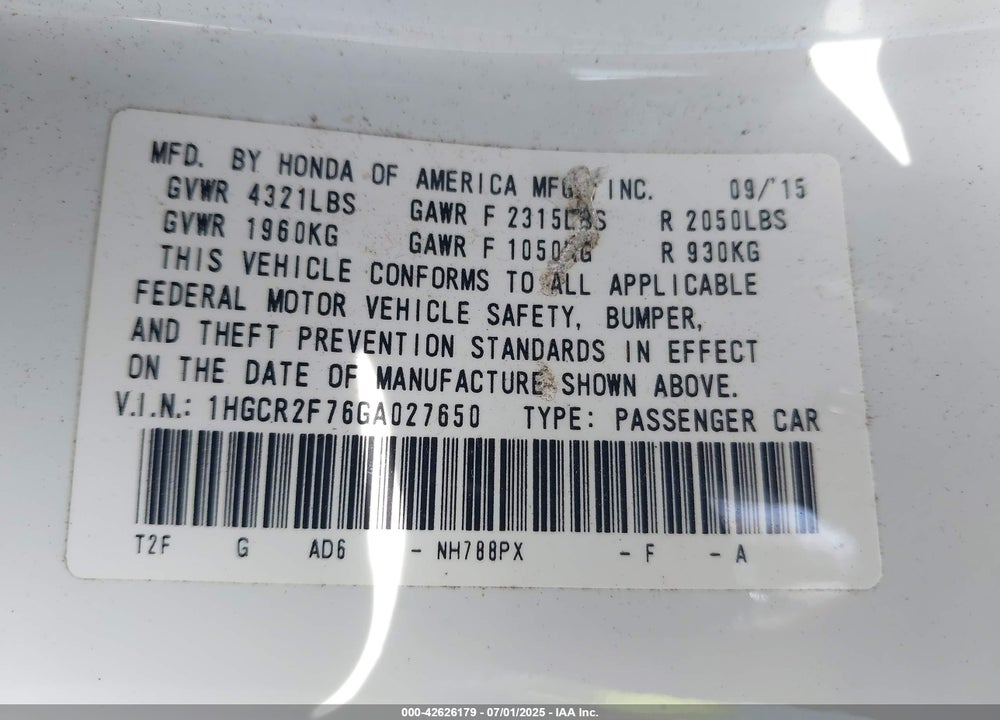 2016 HONDA ACCORD VIN: 1HGCR2F76GA027650