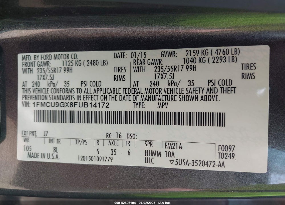 2015 FORD ESCAPE VIN: 1FMCU9GX8FUB14172