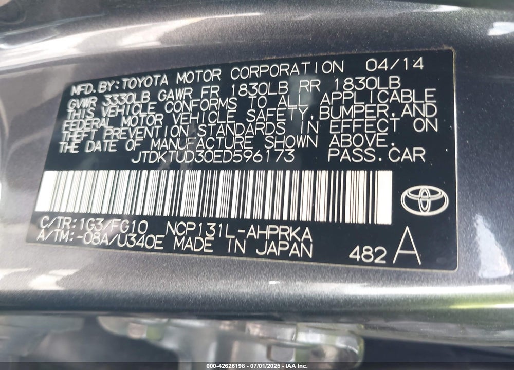 2014 TOYOTA YARIS VIN: JTDKTUD30ED596173