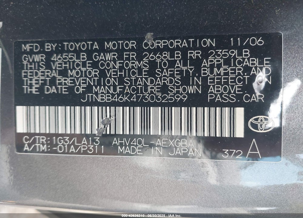 2007 TOYOTA CAMRY HYBRID VIN: JTNBB46K473032599