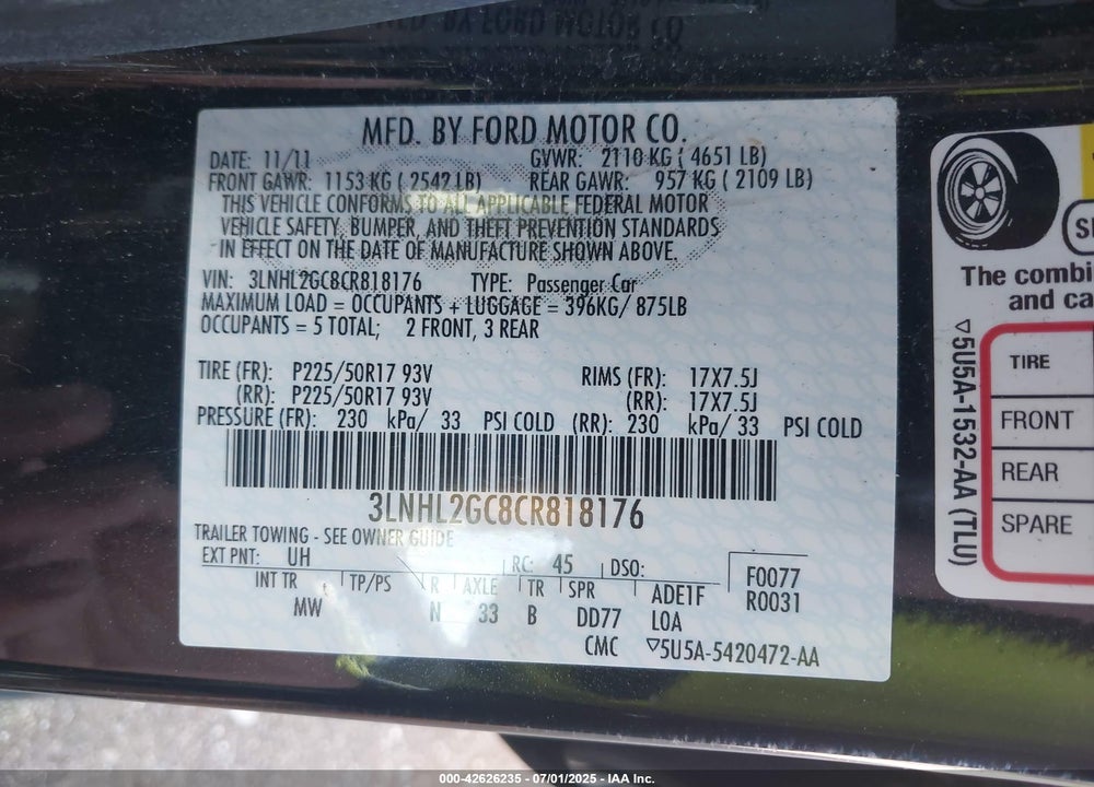 2012 LINCOLN MKZ VIN: 3LNHL2GC8CR818176
