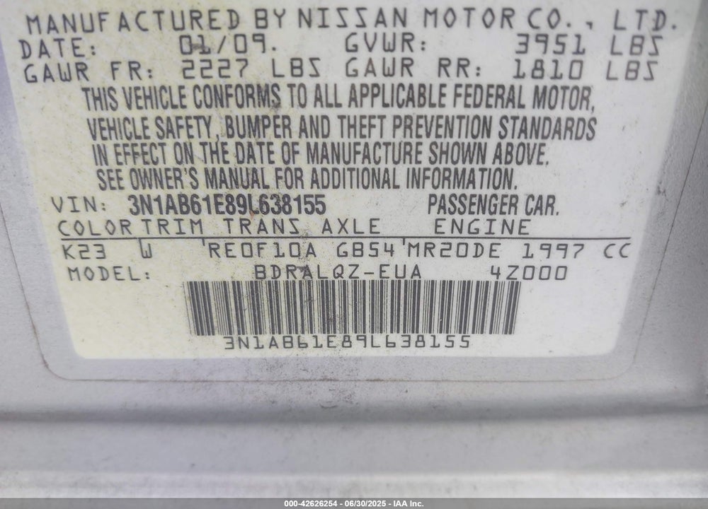 2009 NISSAN SENTRA VIN: 3N1AB61E89L638155
