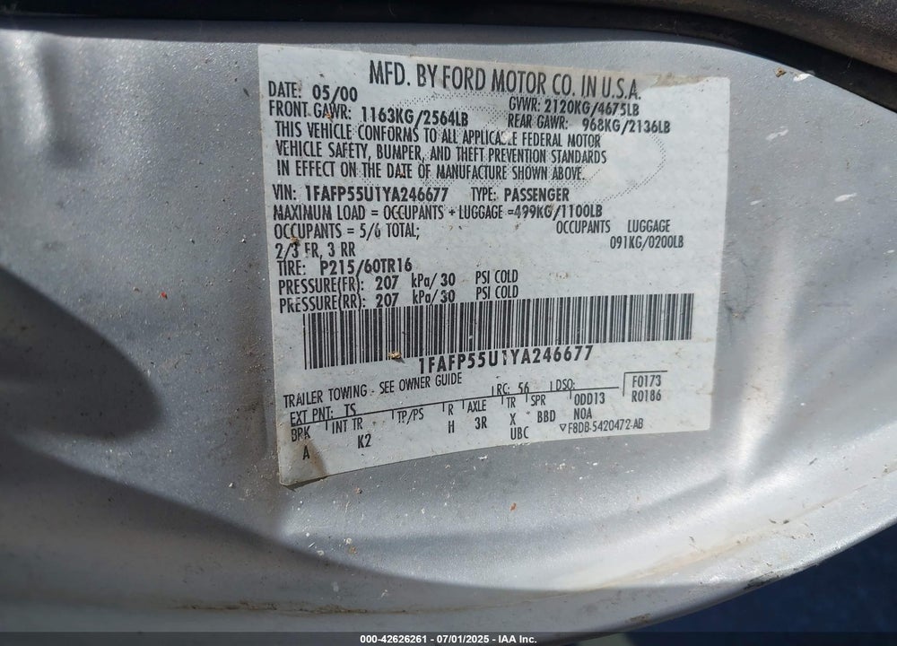 2000 FORD TAURUS SES VIN: 1FAFP55U1YA246677
