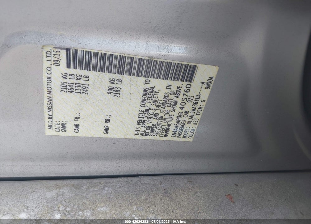 2016 NISSAN MAXIMA VIN: 1N4AA6AP0GC405760