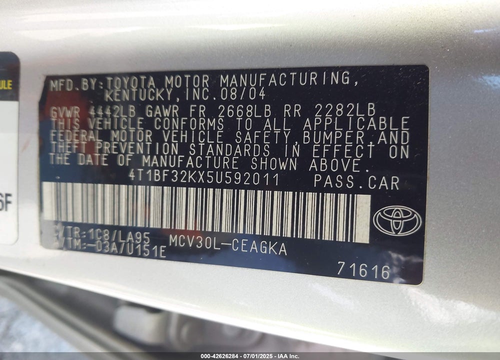 2005 TOYOTA CAMRY VIN: 4T1BF32KX5U592011