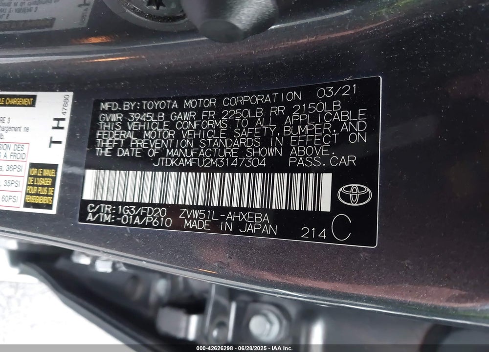 2021 TOYOTA PRIUS VIN: JTDKAMFU2M3147304