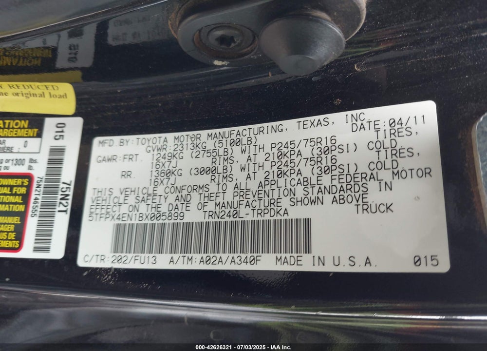 2011 TOYOTA TACOMA VIN: 5TFPX4EN1BX005899