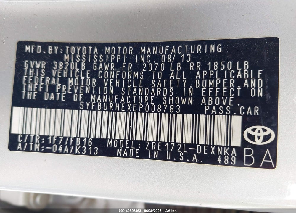 2014 TOYOTA COROLLA VIN: 5YFBURHEXEP008783