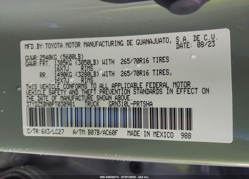 2023 TOYOTA TACOMA VIN: 3TYDZ5BN0PT030981