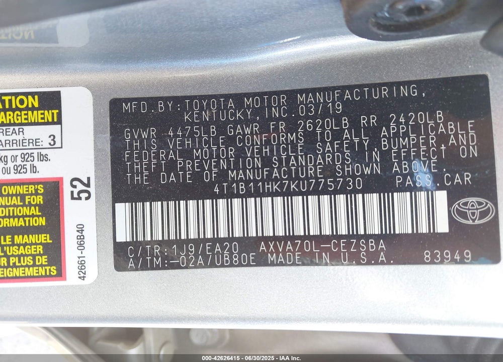 2019 TOYOTA CAMRY VIN: 4T1B11HK7KU775730