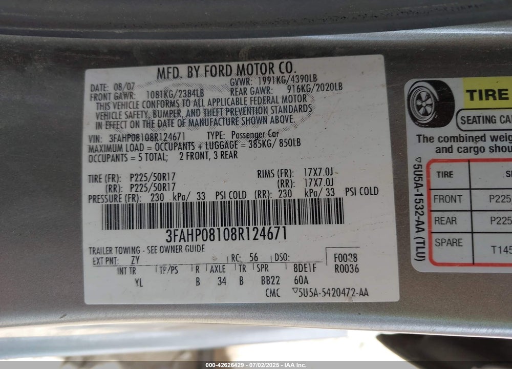 2008 FORD FUSION VIN: 3FAHP08108R124671
