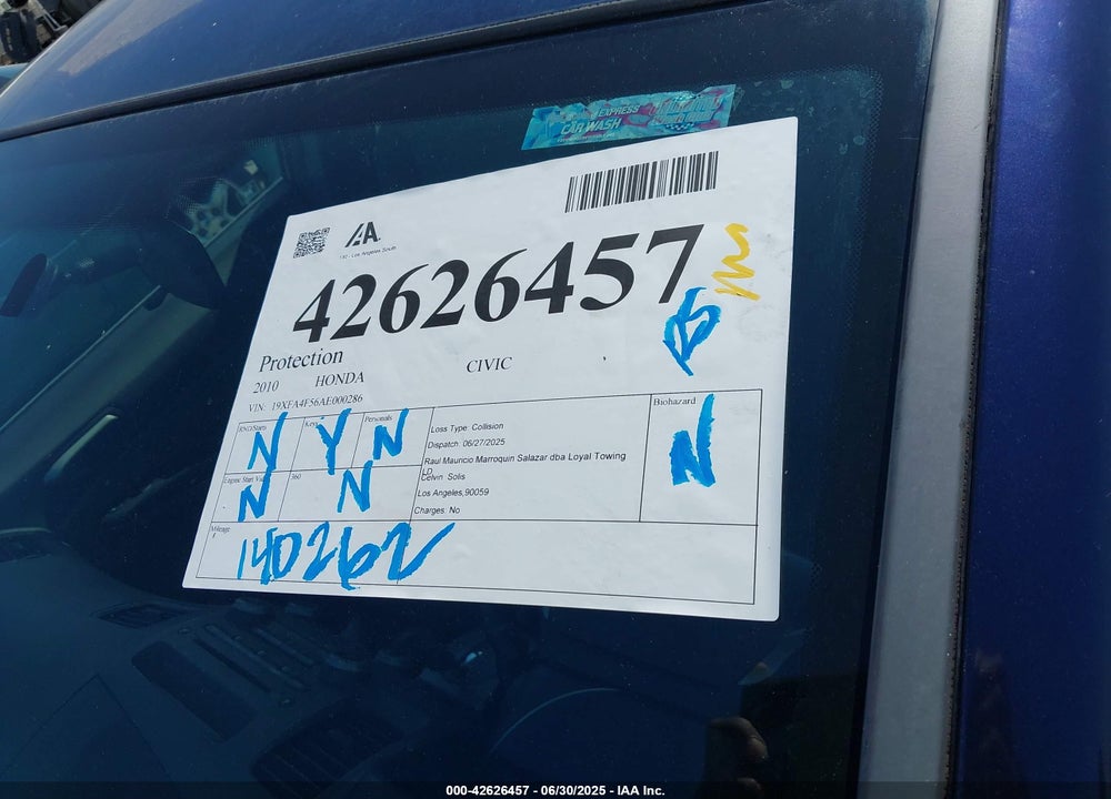 2010 HONDA CIVIC VIN: 19XFA4F56AE000286