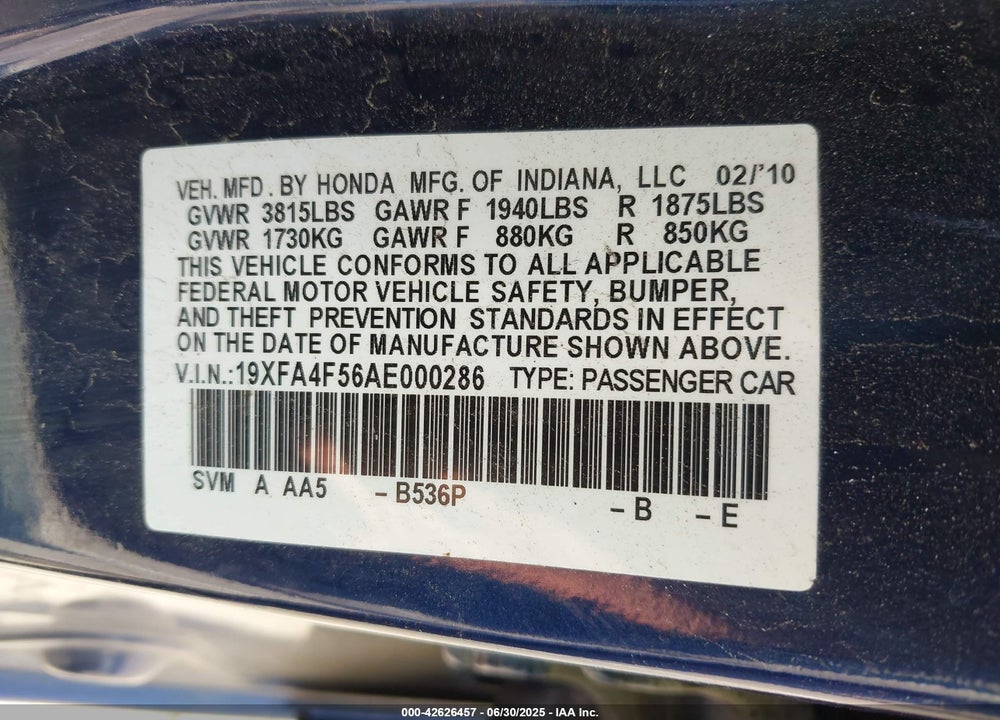 2010 HONDA CIVIC VIN: 19XFA4F56AE000286