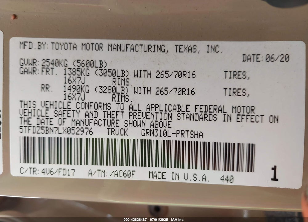 2020 TOYOTA TACOMA VIN: 5TFDZ5BN7LX052976