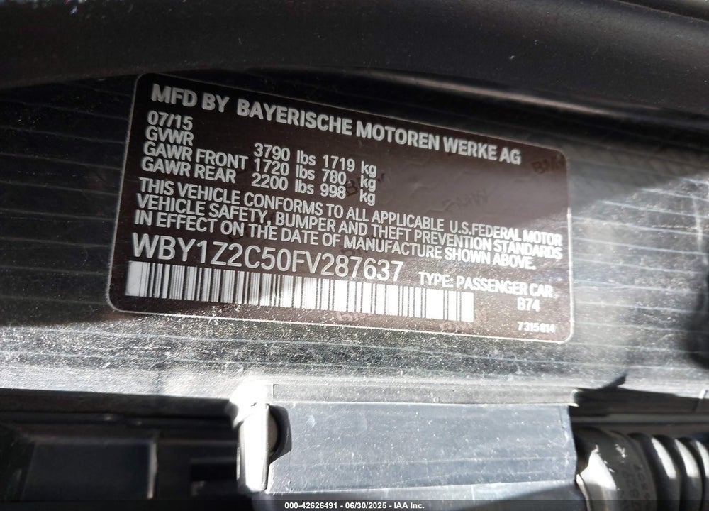 2015 BMW I3 VIN: WBY1Z2C50FV287637