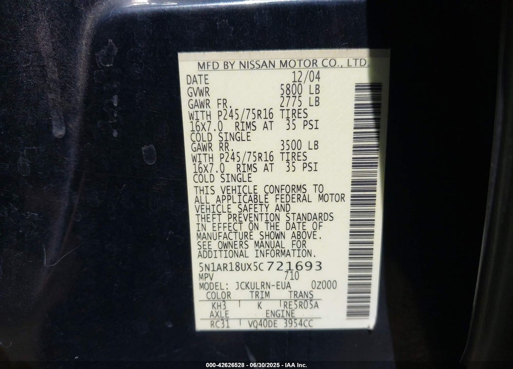 2005 NISSAN PATHFINDER XE VIN: 5N1AR18UX5C721693